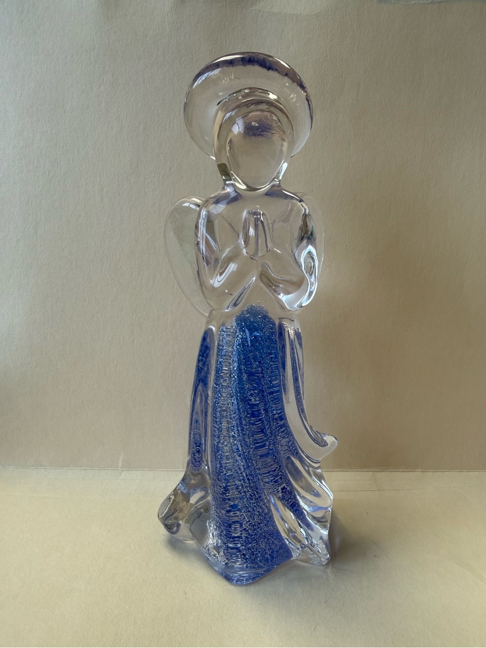 Vintage Hand Blown Art Glass Praying Angel Clear With Blue and Silver Accents.
